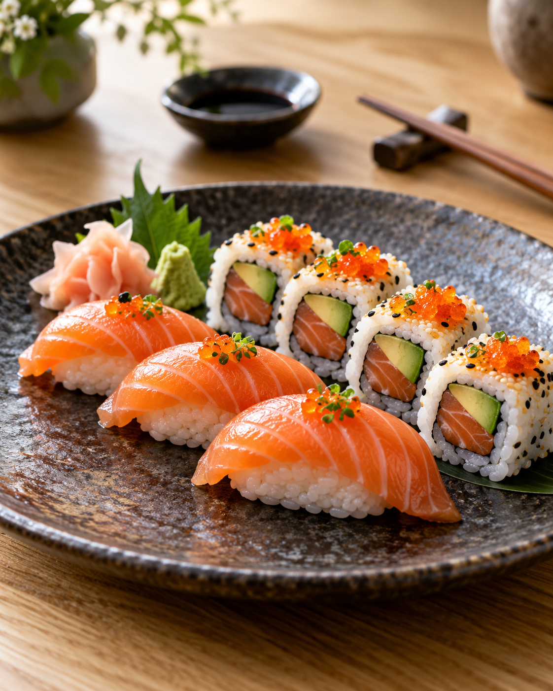 Illustrativ sushibild med lax, avokado och rom på ett keramikfat