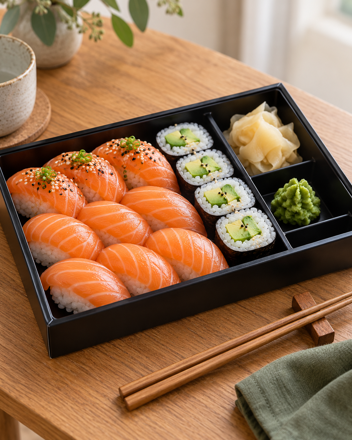 Serveringsförslag: sushi i en låda för avhämtning